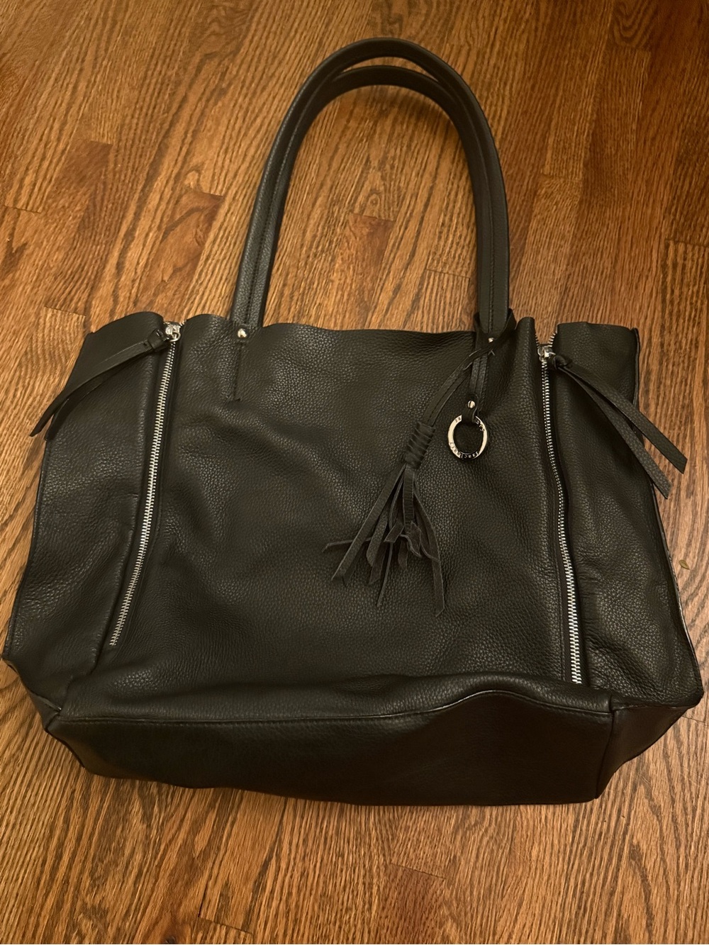 Sanctuary Classic Black Leather Tote Bag with Tassel Accent